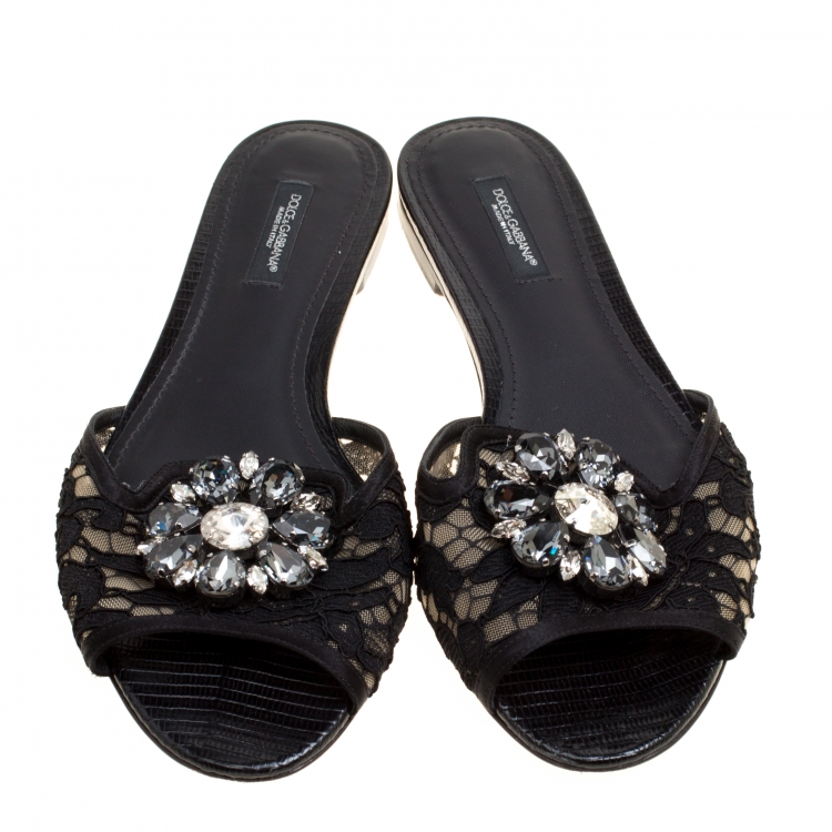 Pre Owned Dolce and Gabbana Black Lace Sofia Crystal Embellished Slides Size 37.5