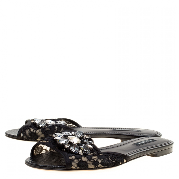 Pre Owned Dolce and Gabbana Black Lace Sofia Crystal Embellished Slides Size 37.5