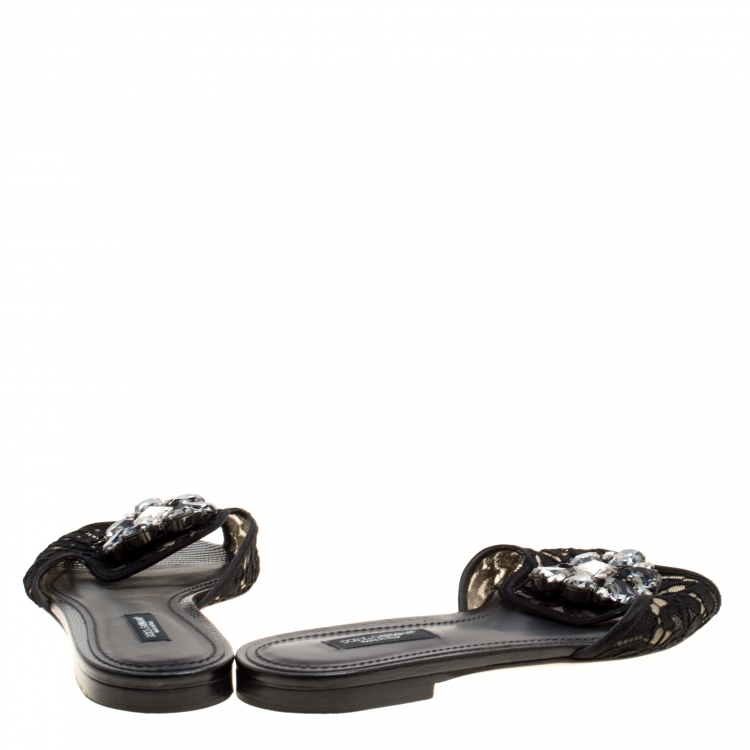 Pre Owned Dolce and Gabbana Black Lace Sofia Crystal Embellished Slides Size 37.5