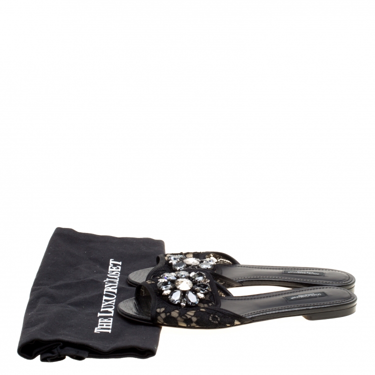 Pre Owned Dolce and Gabbana Black Lace Sofia Crystal Embellished Slides Size 37.5