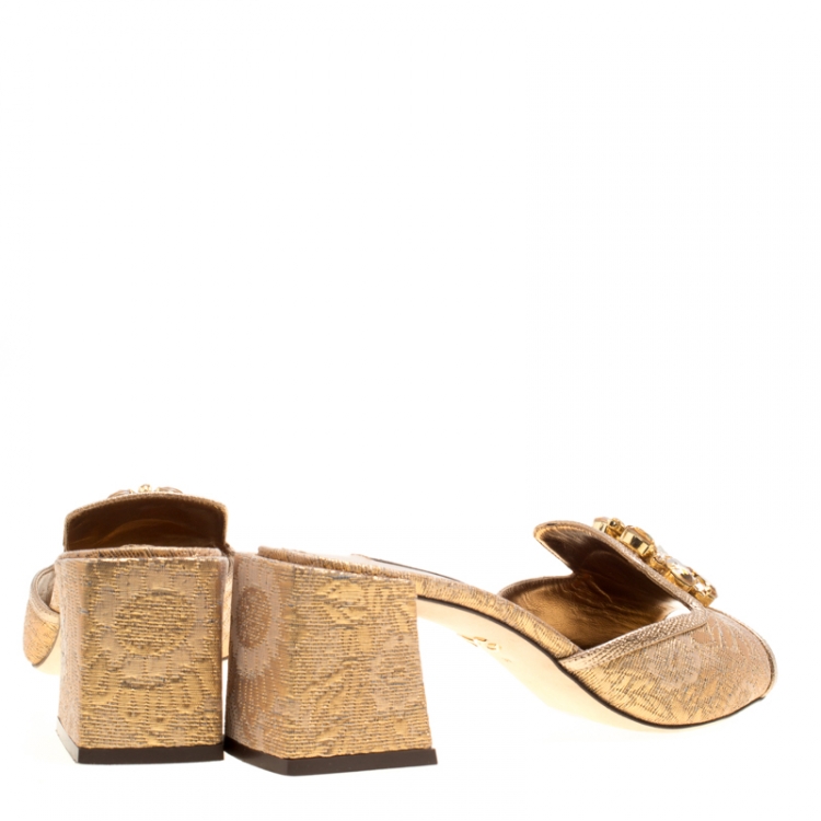 Pre Owned Dolce and Gabbana Gold Jacquard Crystal Embellished Peep Toe Mules Size 38