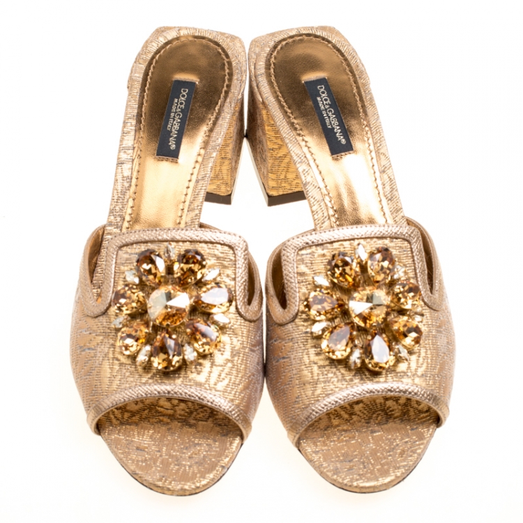 Pre Owned Dolce and Gabbana Gold Jacquard Crystal Embellished Peep Toe Mules Size 38