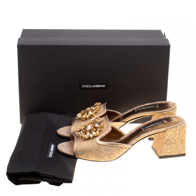 Pre Owned Dolce and Gabbana Gold Jacquard Crystal Embellished Peep Toe Mules Size 38