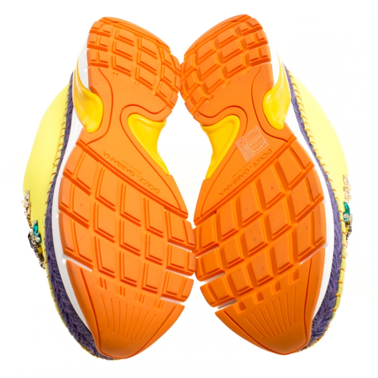 Pre Owned Dolce & Gabbana Yellow Neoprene Barcelona Embellished Slip On Sneakers Size 37