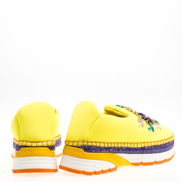 Pre Owned Dolce & Gabbana Yellow Neoprene Barcelona Embellished Slip On Sneakers Size 37