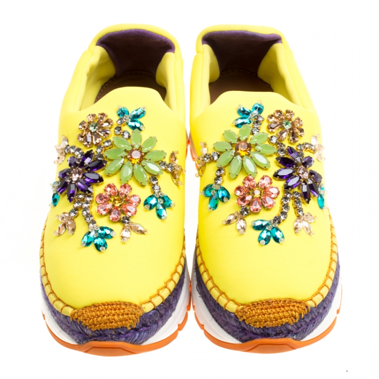 Pre Owned Dolce & Gabbana Yellow Neoprene Barcelona Embellished Slip On Sneakers Size 37