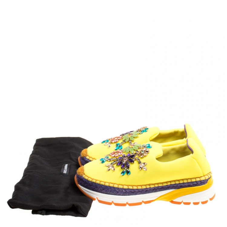 Pre Owned Dolce & Gabbana Yellow Neoprene Barcelona Embellished Slip On Sneakers Size 37