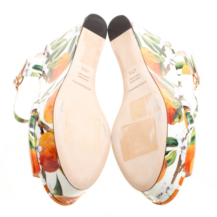 Pre Owned Dolce & Gabbana Orange Print Patent Leather Ankle Strap Platform Wedge Sandals Size 40.5