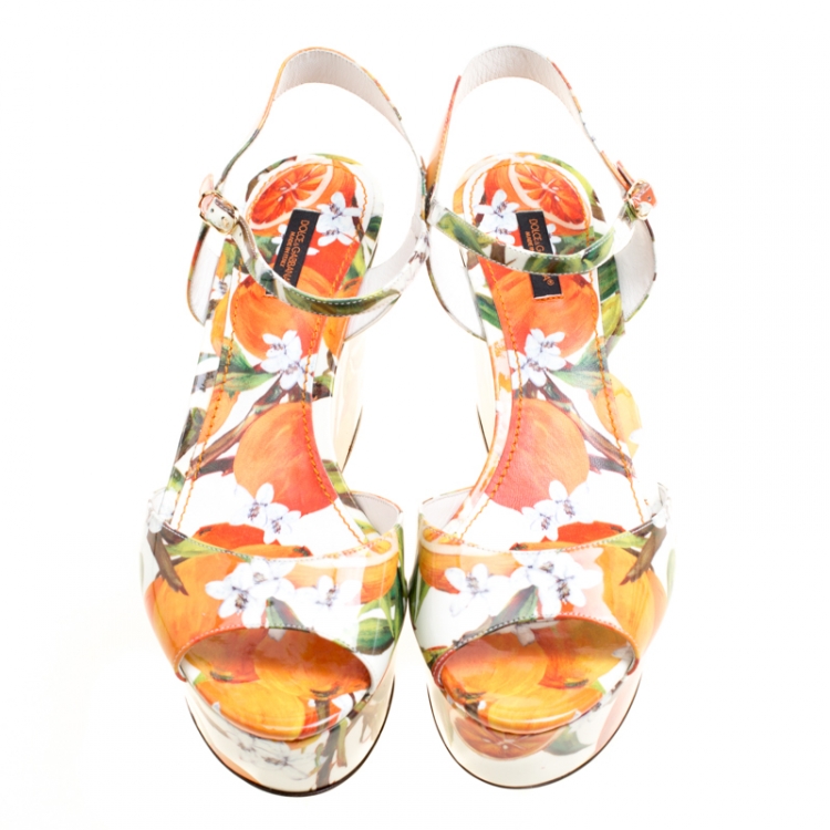 Pre Owned Dolce & Gabbana Orange Print Patent Leather Ankle Strap Platform Wedge Sandals Size 40.5