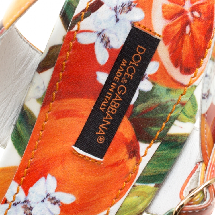 Pre Owned Dolce & Gabbana Orange Print Patent Leather Ankle Strap Platform Wedge Sandals Size 40.5