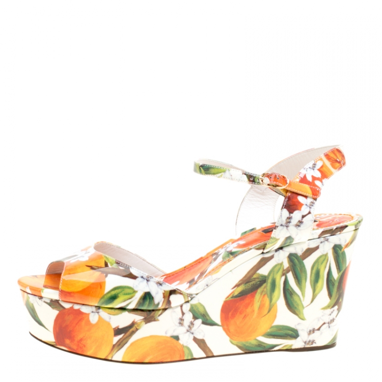 Pre Owned Dolce & Gabbana Orange Print Patent Leather Ankle Strap Platform Wedge Sandals Size 40.5