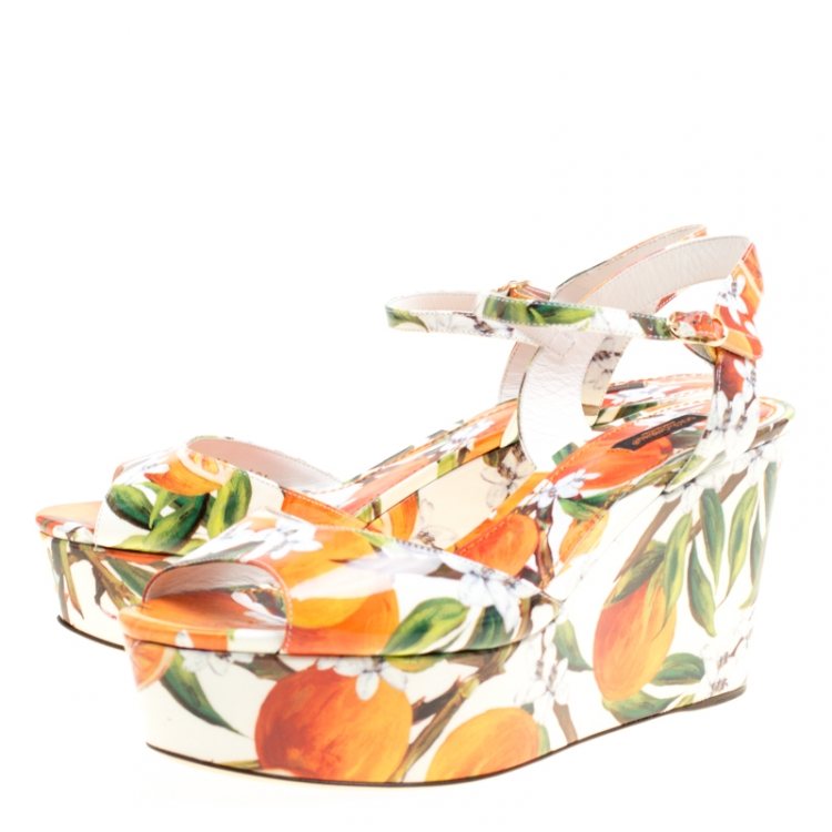 Pre Owned Dolce & Gabbana Orange Print Patent Leather Ankle Strap Platform Wedge Sandals Size 40.5