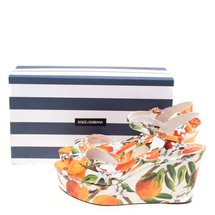 Pre Owned Dolce & Gabbana Orange Print Patent Leather Ankle Strap Platform Wedge Sandals Size 40.5