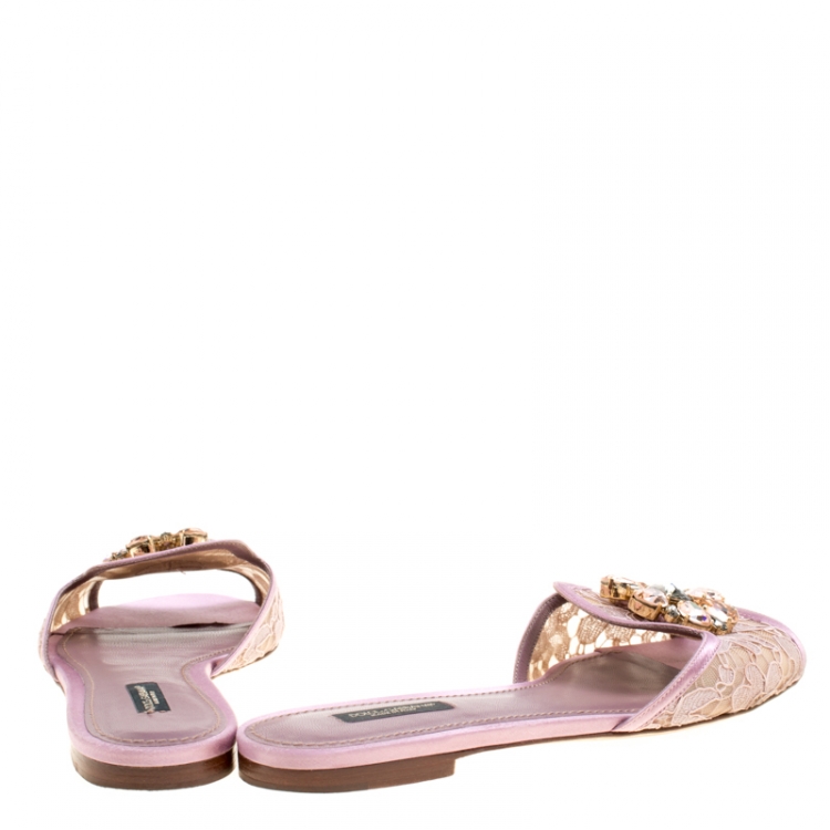 Pre Owned Dolce and Gabbana Lilac Lace Sofia Crystal Embellished Slides Size 39