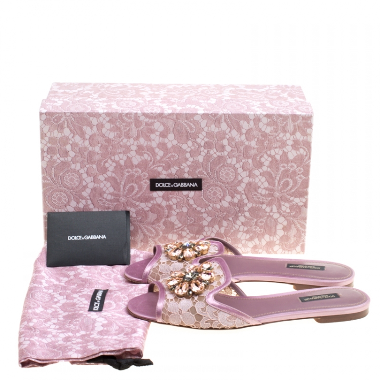 Pre Owned Dolce and Gabbana Lilac Lace Sofia Crystal Embellished Slides Size 39
