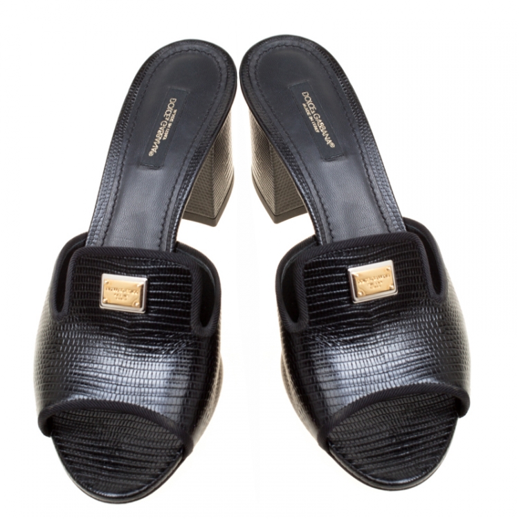 Pre Owned Dolce and Gabbana Black Lizard Leather Peep Toe Mules Size 38.5