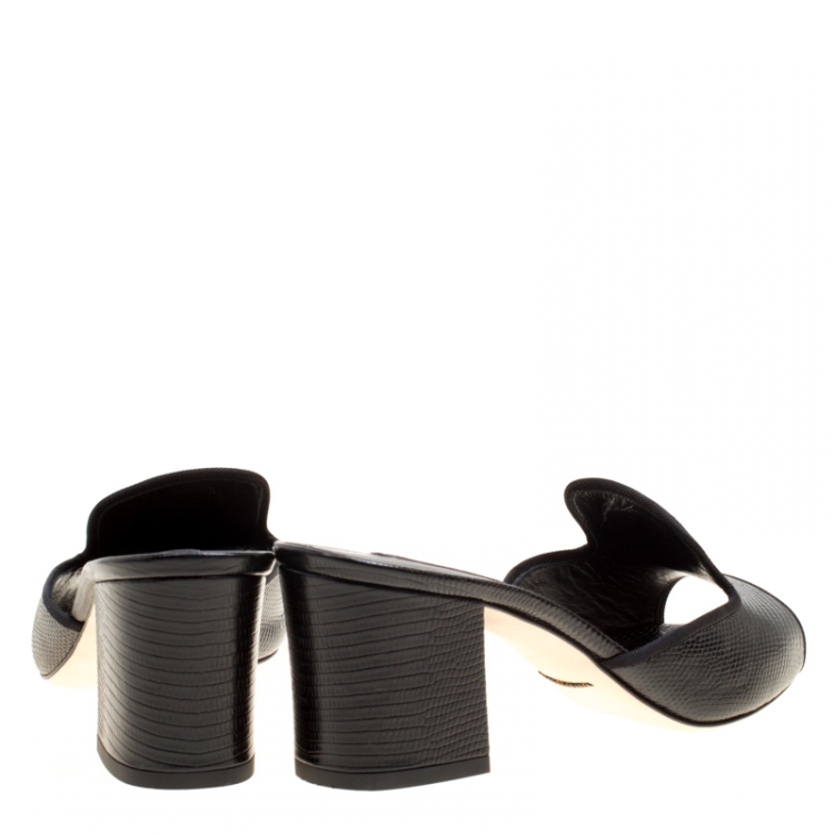 Pre Owned Dolce and Gabbana Black Lizard Leather Peep Toe Mules Size 38.5