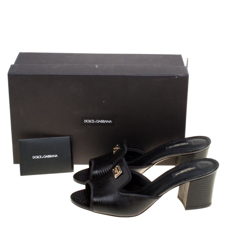 Pre Owned Dolce and Gabbana Black Lizard Leather Peep Toe Mules Size 38.5