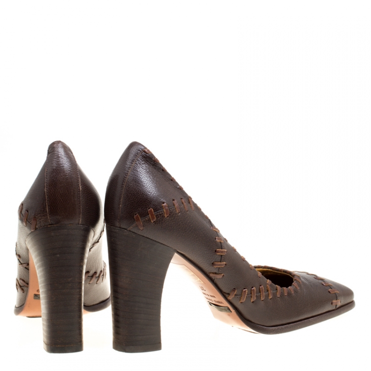 Pre Owned Dolce and Gabbana Brown Leather Whipstitch Detail Square Toe Pumps Size 37