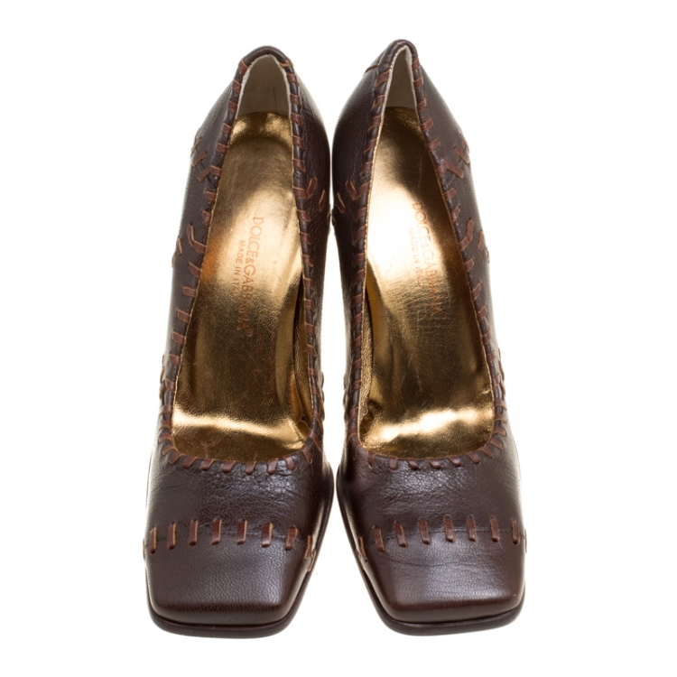 Pre Owned Dolce and Gabbana Brown Leather Whipstitch Detail Square Toe Pumps Size 37