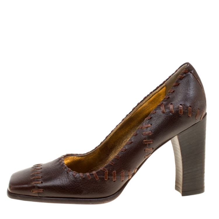 Pre Owned Dolce and Gabbana Brown Leather Whipstitch Detail Square Toe Pumps Size 37