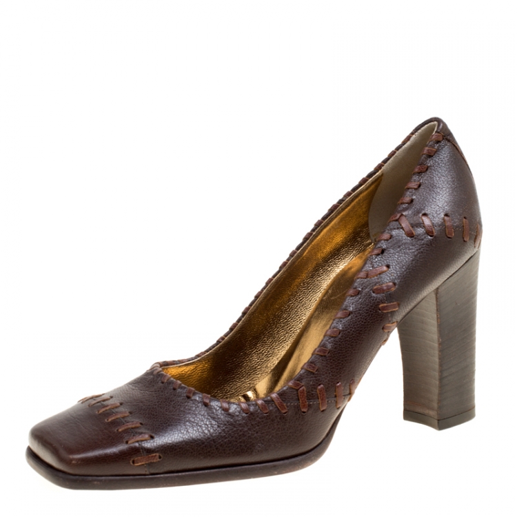 Pre Owned Dolce and Gabbana Brown Leather Whipstitch Detail Square Toe Pumps Size 37