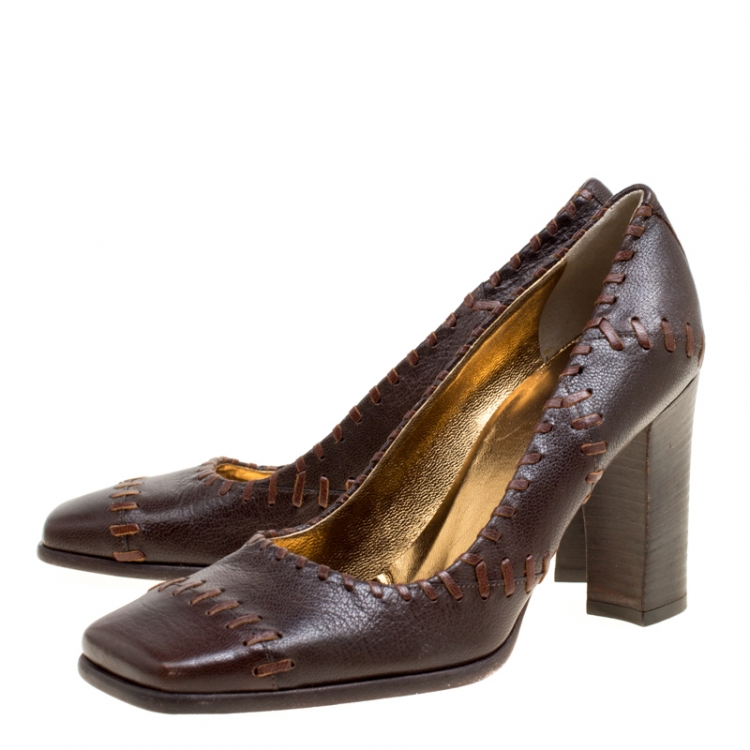Pre Owned Dolce and Gabbana Brown Leather Whipstitch Detail Square Toe Pumps Size 37