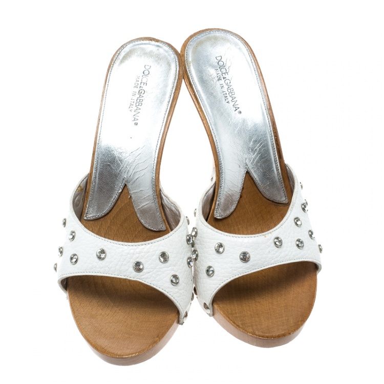 Pre Owned Dolce and Gabbana White Crystal Embellished Leather Wooden Platform Slides Size 37