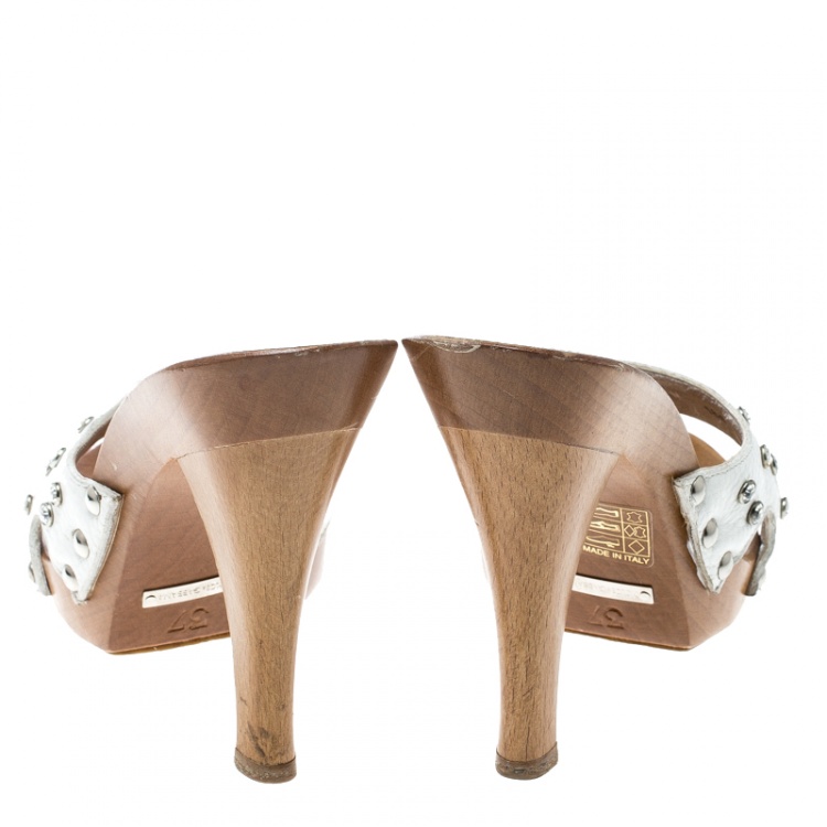 Pre Owned Dolce and Gabbana White Crystal Embellished Leather Wooden Platform Slides Size 37