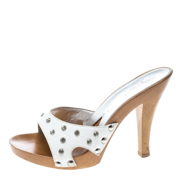 Pre Owned Dolce and Gabbana White Crystal Embellished Leather Wooden Platform Slides Size 37