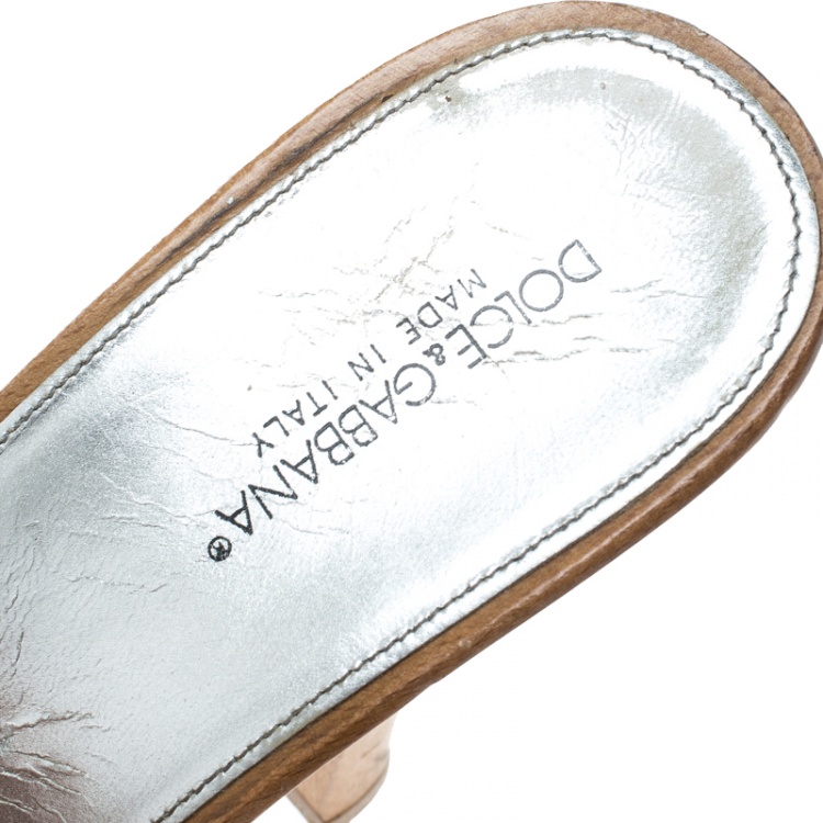 Pre Owned Dolce and Gabbana White Crystal Embellished Leather Wooden Platform Slides Size 37