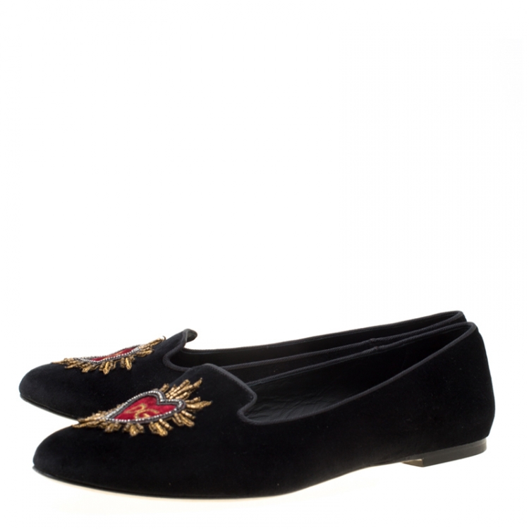 Pre Owned Dolce and Gabbana Black Embroidered Velvet Smoking Slippers Size 39.5