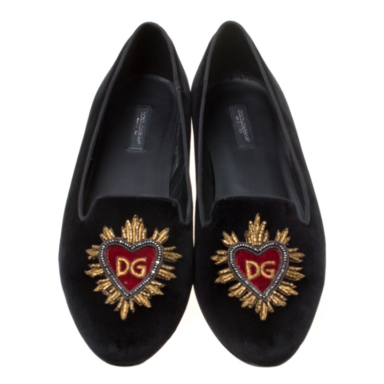 Pre Owned Dolce and Gabbana Black Embroidered Velvet Smoking Slippers Size 39.5