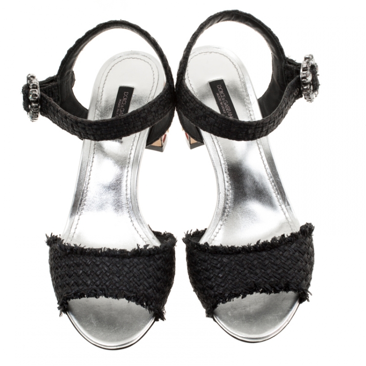 Pre Owned Dolce and Gabbana Black Raffia Keira Cafe Bar Block Heel Ankle Strap Sandals Size 37