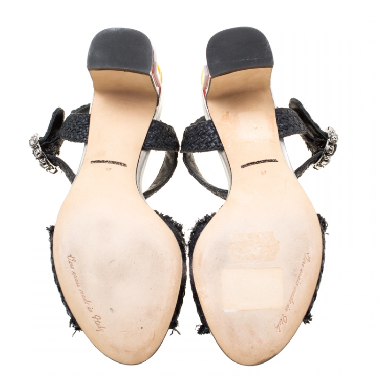 Pre Owned Dolce and Gabbana Black Raffia Keira Cafe Bar Block Heel Ankle Strap Sandals Size 37