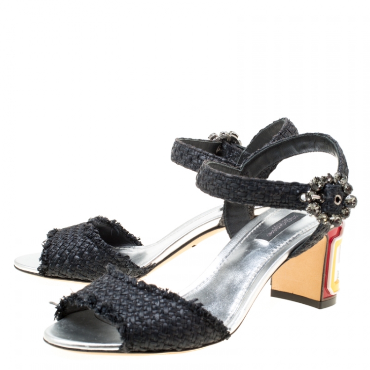 Pre Owned Dolce and Gabbana Black Raffia Keira Cafe Bar Block Heel Ankle Strap Sandals Size 37