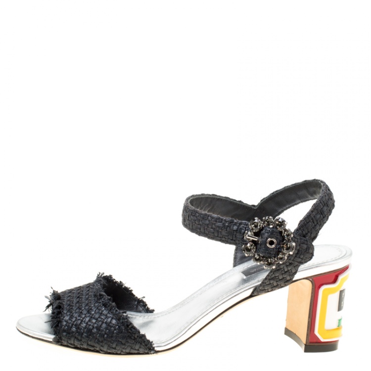 Pre Owned Dolce and Gabbana Black Raffia Keira Cafe Bar Block Heel Ankle Strap Sandals Size 37