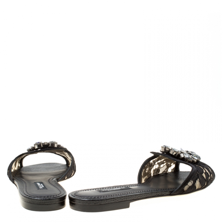 Pre Owned Dolce and Gabbana Black Lace Sofia Crystal Embellished Flat Slides Size 36.5