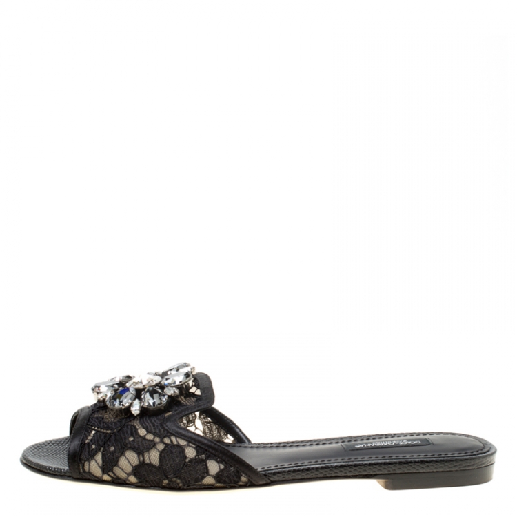 Pre Owned Dolce and Gabbana Black Lace Sofia Crystal Embellished Flat Slides Size 36.5