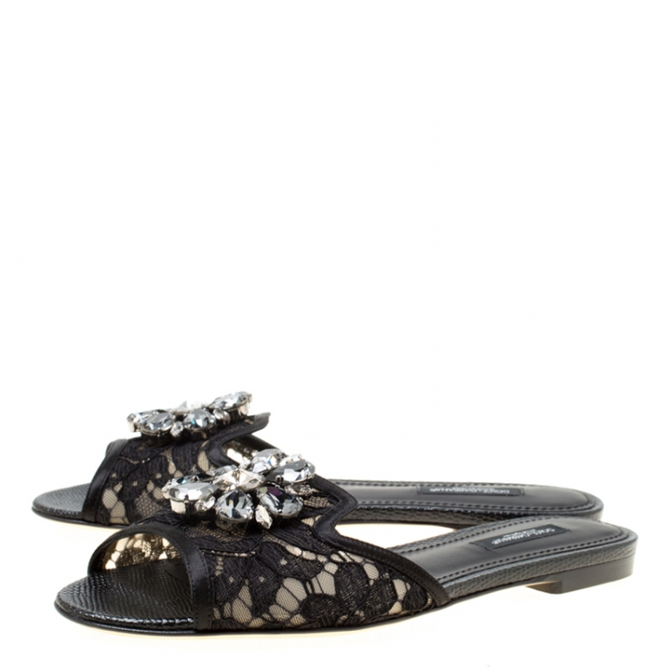 Pre Owned Dolce and Gabbana Black Lace Sofia Crystal Embellished Flat Slides Size 36.5