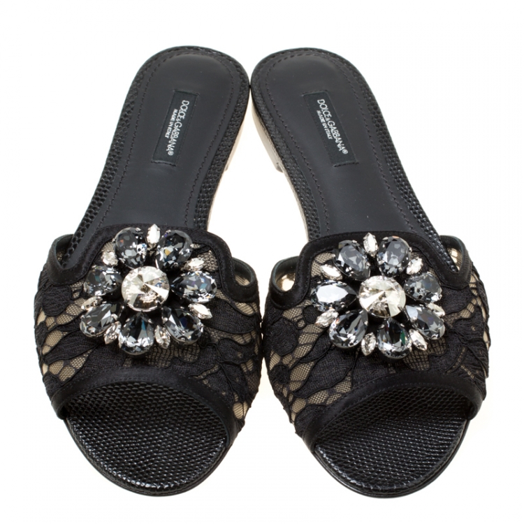 Pre Owned Dolce and Gabbana Black Lace Sofia Crystal Embellished Flat Slides Size 36.5