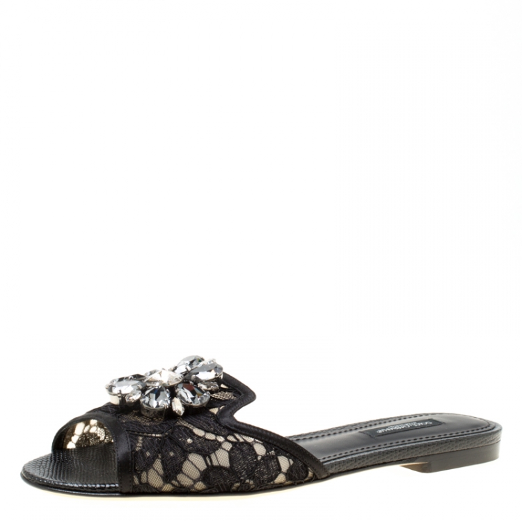 Pre Owned Dolce and Gabbana Black Lace Sofia Crystal Embellished Flat Slides Size 36.5