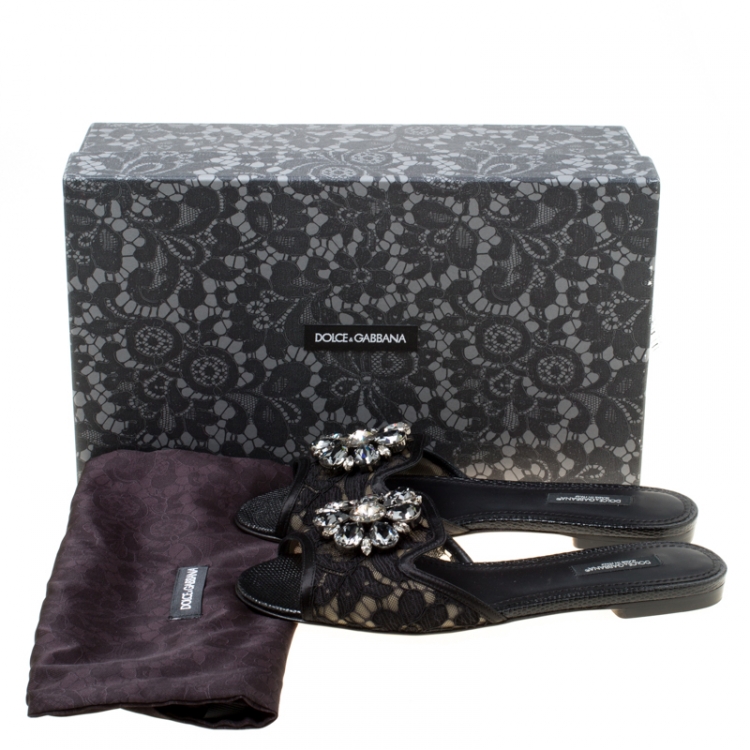 Pre Owned Dolce and Gabbana Black Lace Sofia Crystal Embellished Flat Slides Size 36.5