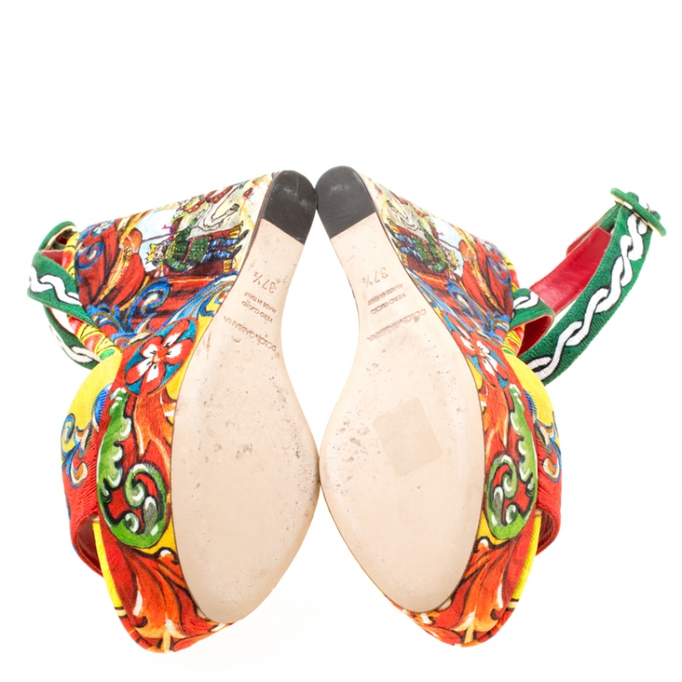 Pre Owned Dolce and Gabbana Multicolor Printed Brocade Peep Toe Ankle Wrap Wedge Sandals Size 37.5
