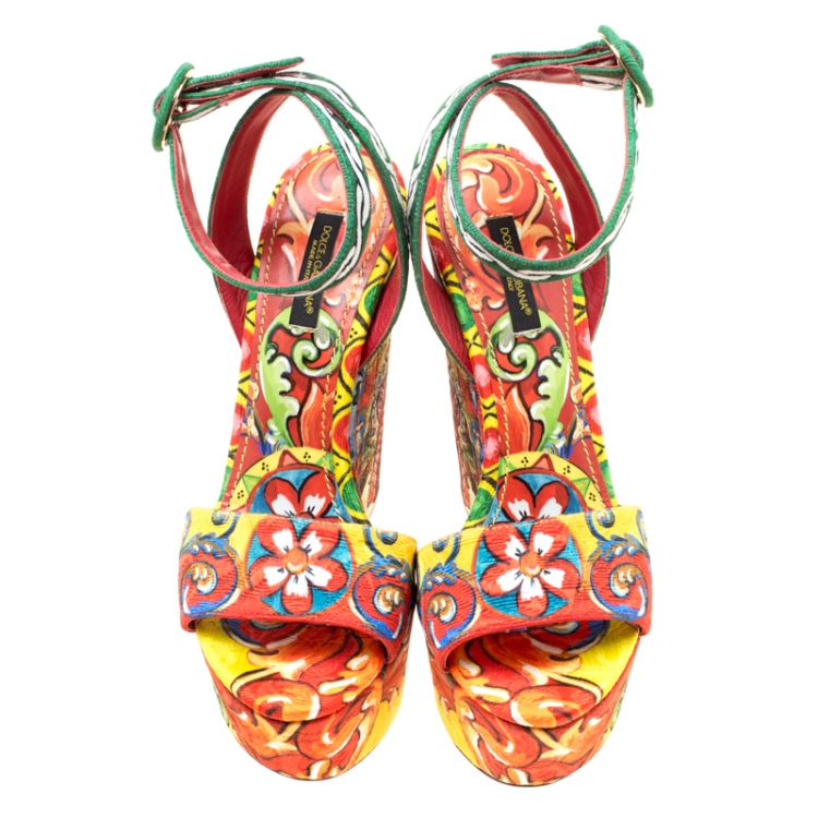 Pre Owned Dolce and Gabbana Multicolor Printed Brocade Peep Toe Ankle Wrap Wedge Sandals Size 37.5