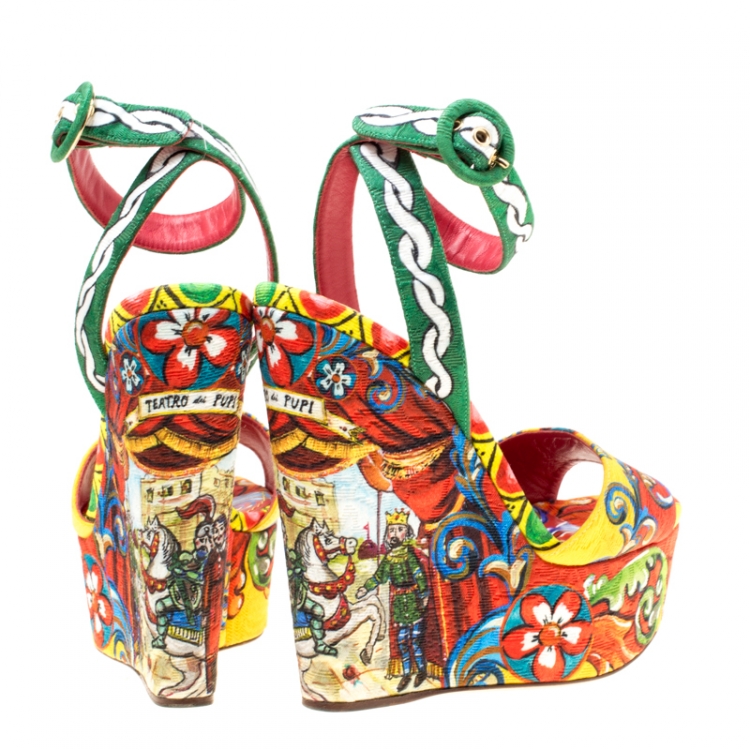 Pre Owned Dolce and Gabbana Multicolor Printed Brocade Peep Toe Ankle Wrap Wedge Sandals Size 37.5