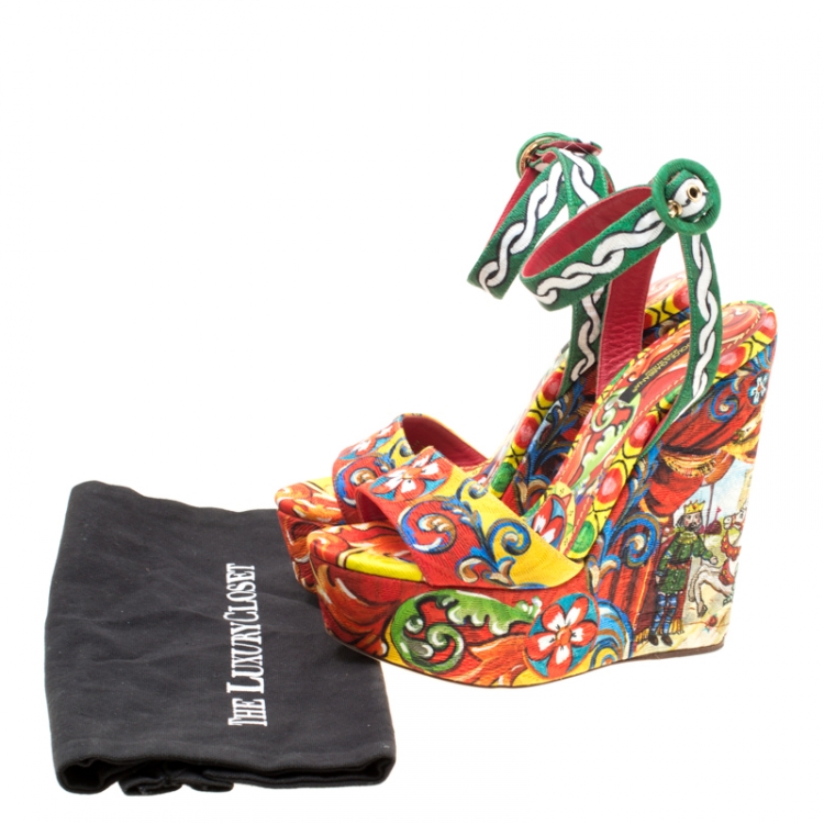 Pre Owned Dolce and Gabbana Multicolor Printed Brocade Peep Toe Ankle Wrap Wedge Sandals Size 37.5