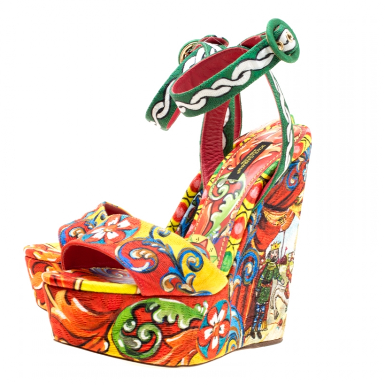 Pre Owned Dolce and Gabbana Multicolor Printed Brocade Peep Toe Ankle Wrap Wedge Sandals Size 37.5