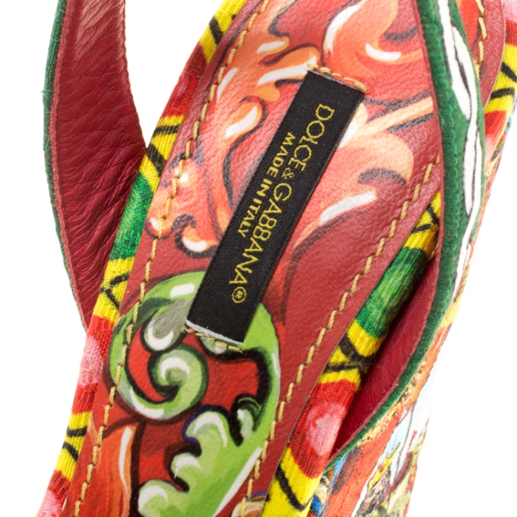 Pre Owned Dolce and Gabbana Multicolor Printed Brocade Peep Toe Ankle Wrap Wedge Sandals Size 37.5