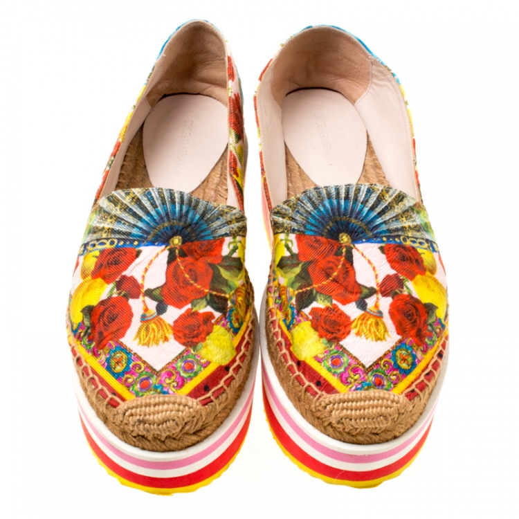 Pre Owned Dolce and Gabbana Multicolor Floral Print Fabric Platform Espadrilles Size 37